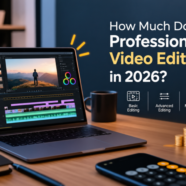 Professional video editing cost in 2026 shown on a laptop with video editing software, camera, and pricing graphics