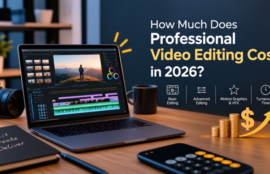 Professional video editing cost in 2026 shown on a laptop with video editing software, camera, and pricing graphics