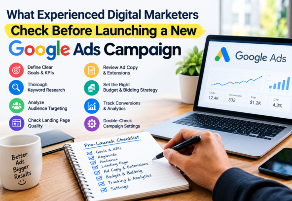 Digital marketer reviewing Google Ads campaign setup, keyword research, conversion tracking, and ad performance