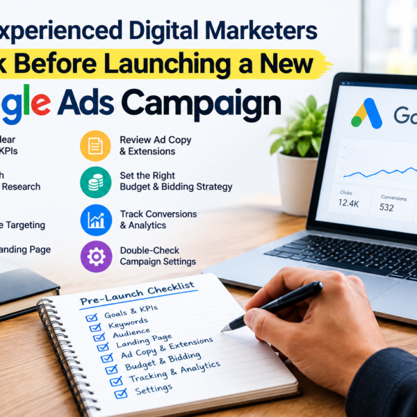 Digital marketer reviewing Google Ads campaign setup, keyword research, conversion tracking, and ad performance