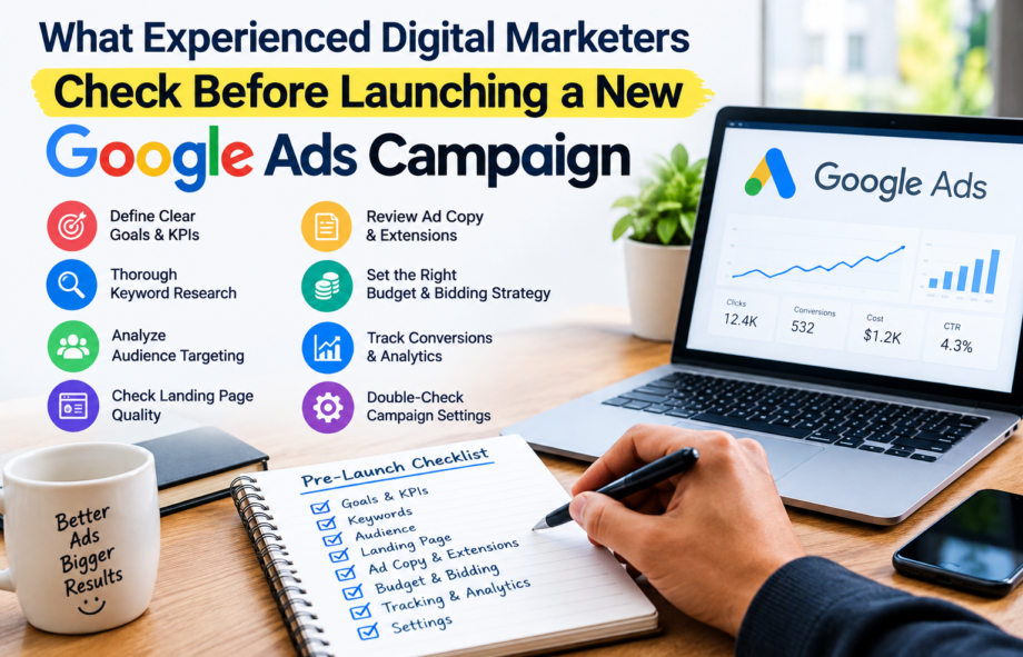 Digital marketer reviewing Google Ads campaign setup, keyword research, conversion tracking, and ad performance